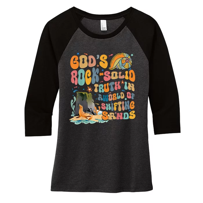 GodS Rock Solid Breaker Rock Beach Vbs 2024 Women's Tri-Blend 3/4-Sleeve Raglan Shirt