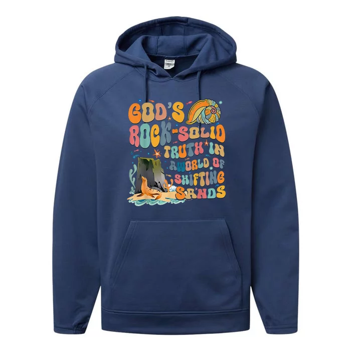 GodS Rock Solid Breaker Rock Beach Vbs 2024 Christian Performance Fleece Hoodie