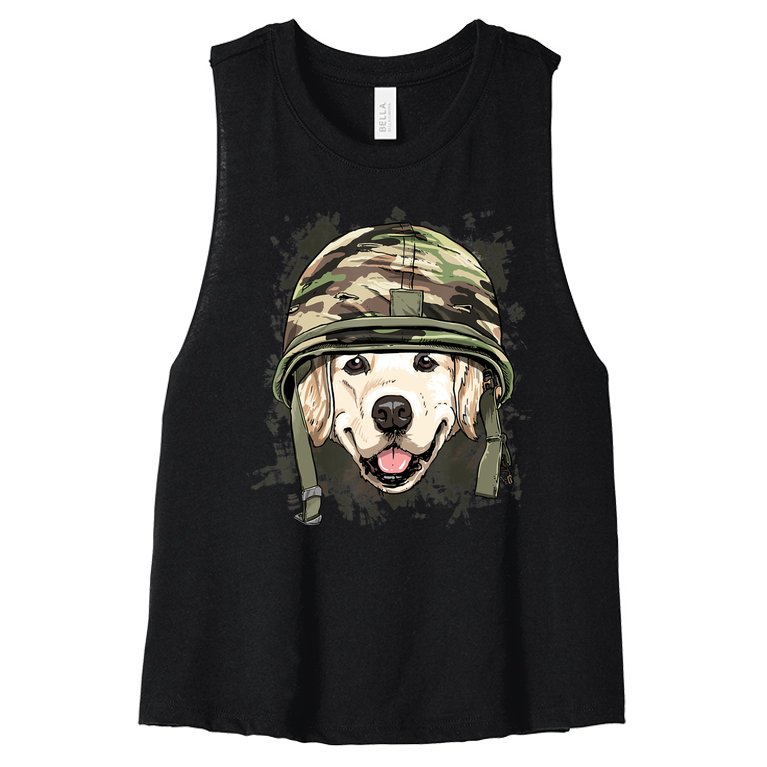 Golden Retriever Soldier Veteran Dog Army Dog Lover Women’s Racerback Cropped Tank