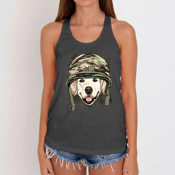 Golden Retriever Soldier Veteran Dog Army Dog Lover Women's Knotted Racerback Tank