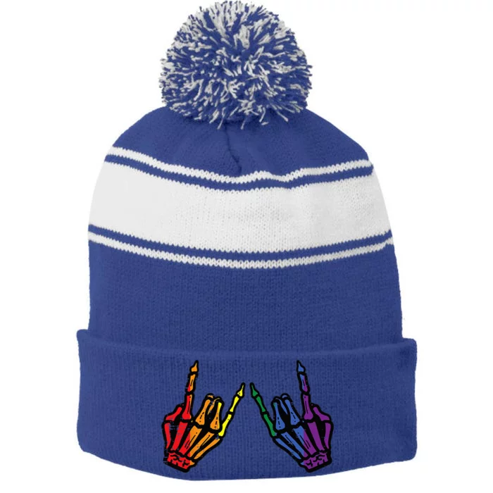 Gay Rocker Skeleton Hands Rainbow Pride Lgbt Rock Stripe Pom Pom Beanie