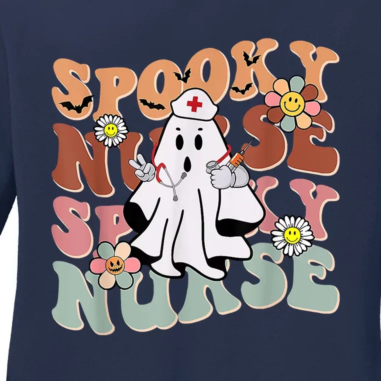 Groovy Retro Spooky Nurse Ghost Halloween Trick Or Treat Ladies Long Sleeve Shirt