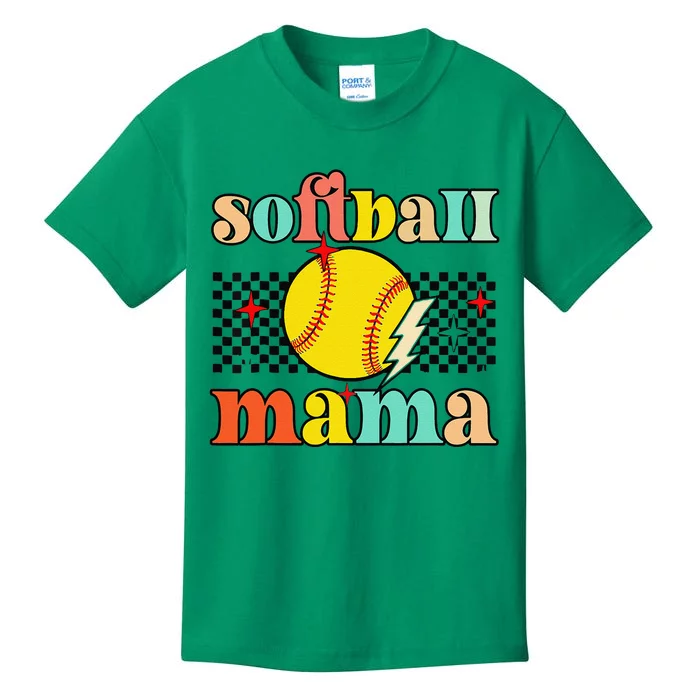 Groovy Retro Softball Mom Mama Sport Lover Funny Mothers Day Kids T-Shirt