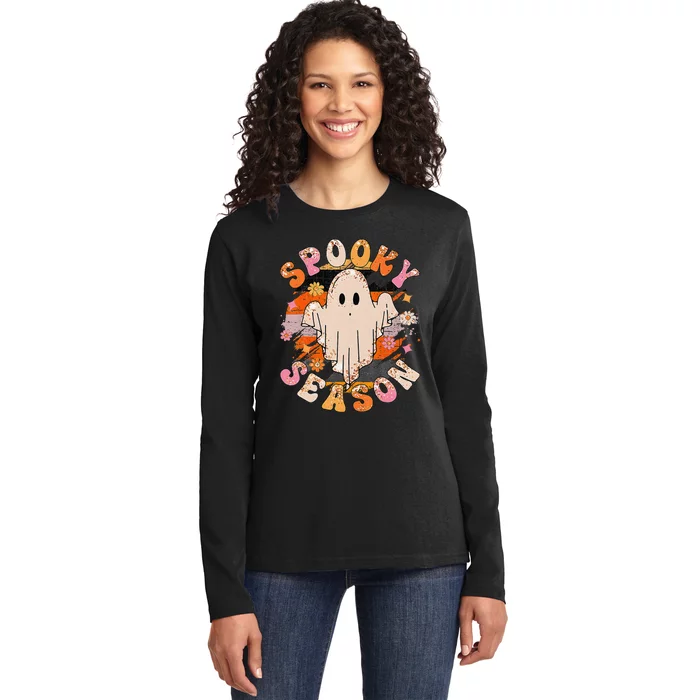 Groovy Retro Spooky Season Retro Ghost Halloween Ladies Long Sleeve Shirt