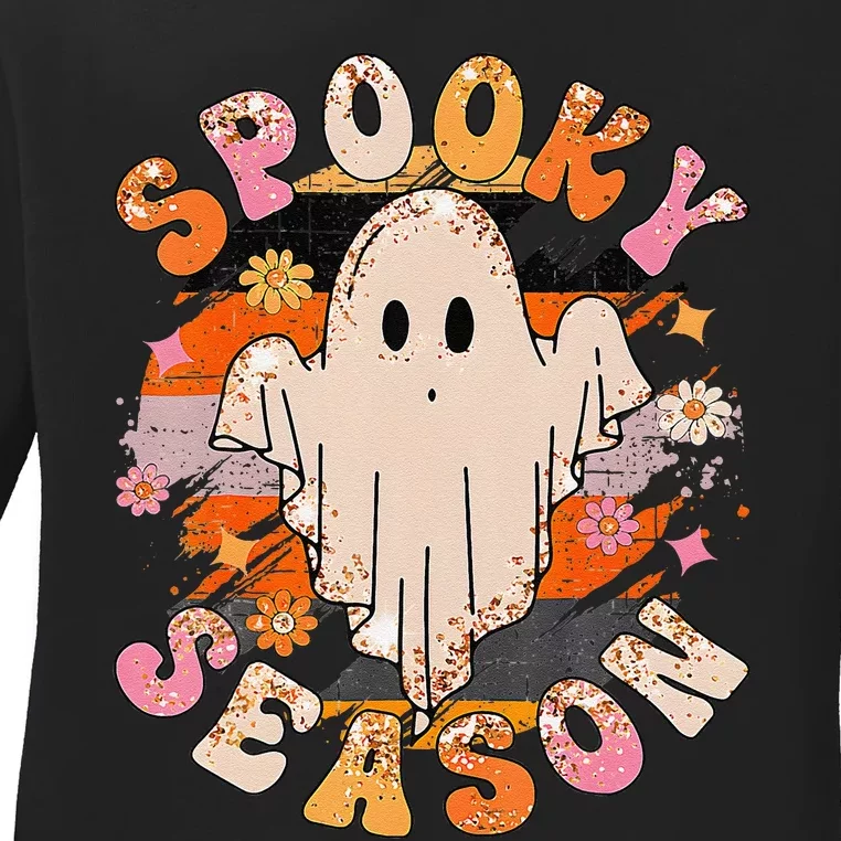 Groovy Retro Spooky Season Retro Ghost Halloween Ladies Long Sleeve Shirt