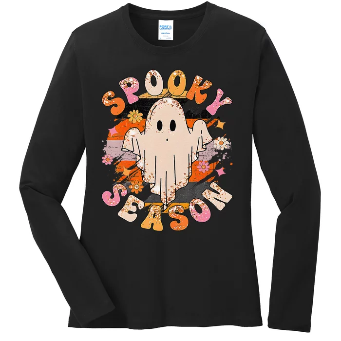 Groovy Retro Spooky Season Retro Ghost Halloween Ladies Long Sleeve Shirt