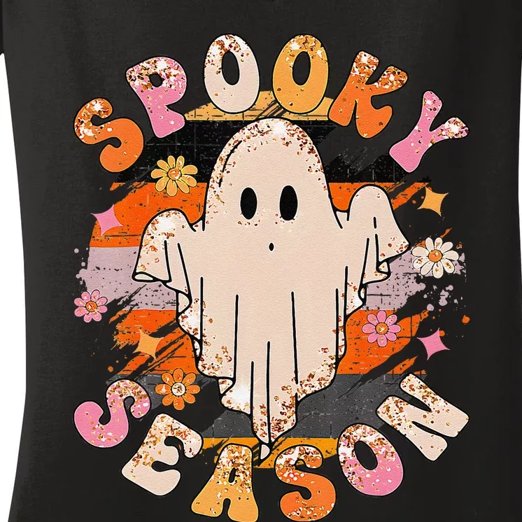 Groovy Retro Spooky Season Retro Ghost Halloween Women's V-Neck T-Shirt