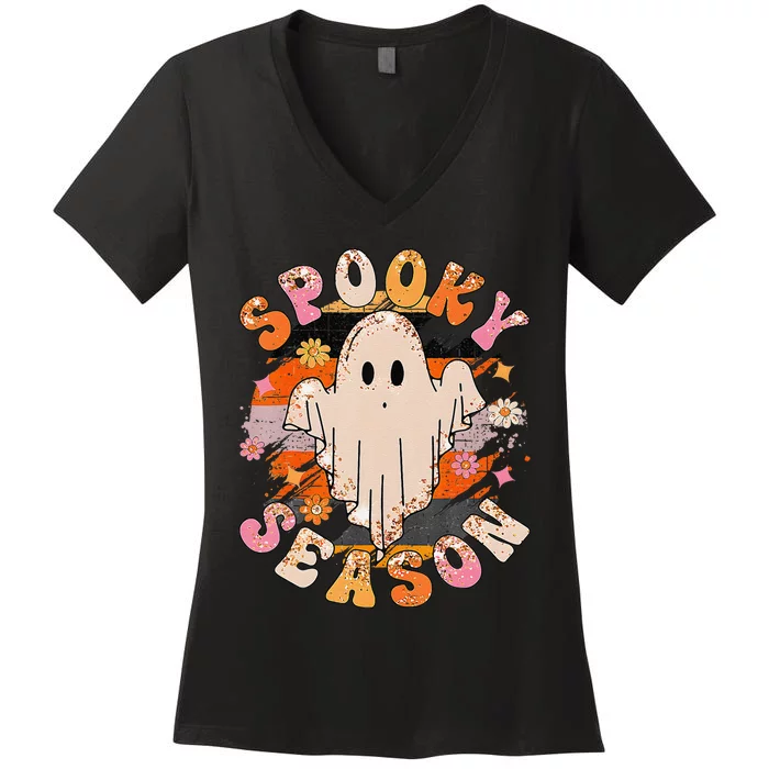 Groovy Retro Spooky Season Retro Ghost Halloween Women's V-Neck T-Shirt