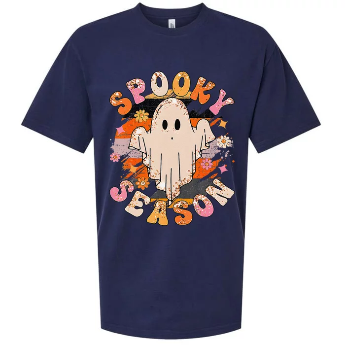 Groovy Retro Spooky Season Retro Ghost Halloween Sueded Cloud Jersey T-Shirt