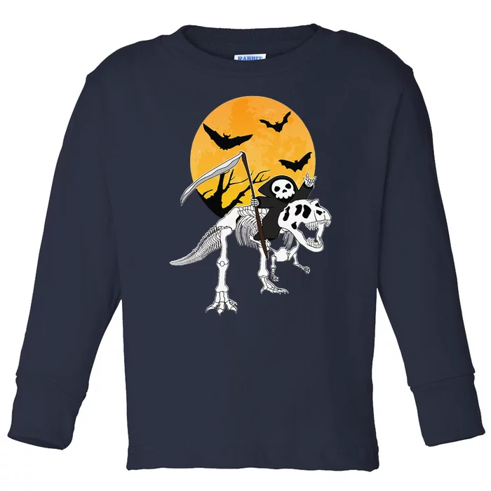 Grim Reaper Scythe Riding Skeleton TRex Paranormal Toddler Long Sleeve Shirt