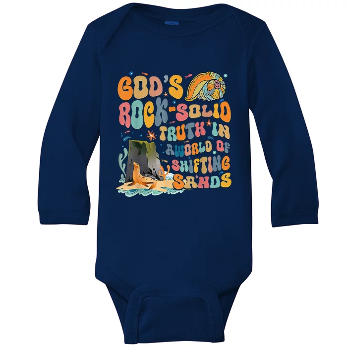 GodS Rock Solid Breaker Rock Beach Vbs 2024 Christian Baby Long Sleeve Bodysuit