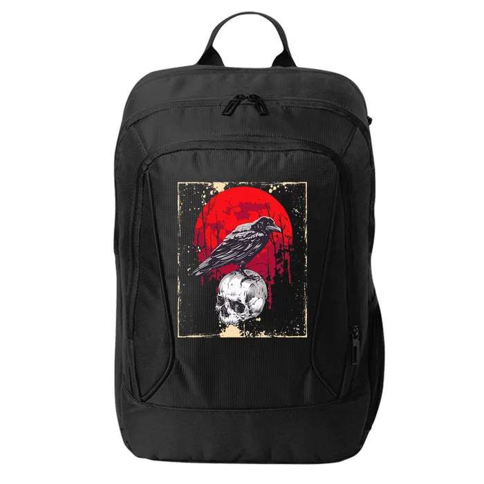 Gothic Raven Skull Red Moon Black Crow City Backpack