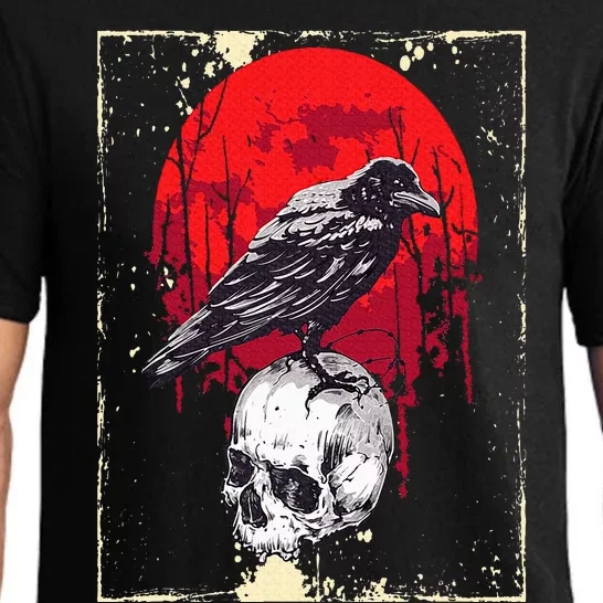 Gothic Raven Skull Red Moon Black Crow Pajama Set