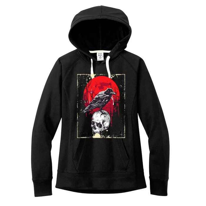 Gothic Raven Skull Red Moon Black Crow Women's Fleece Hoodie