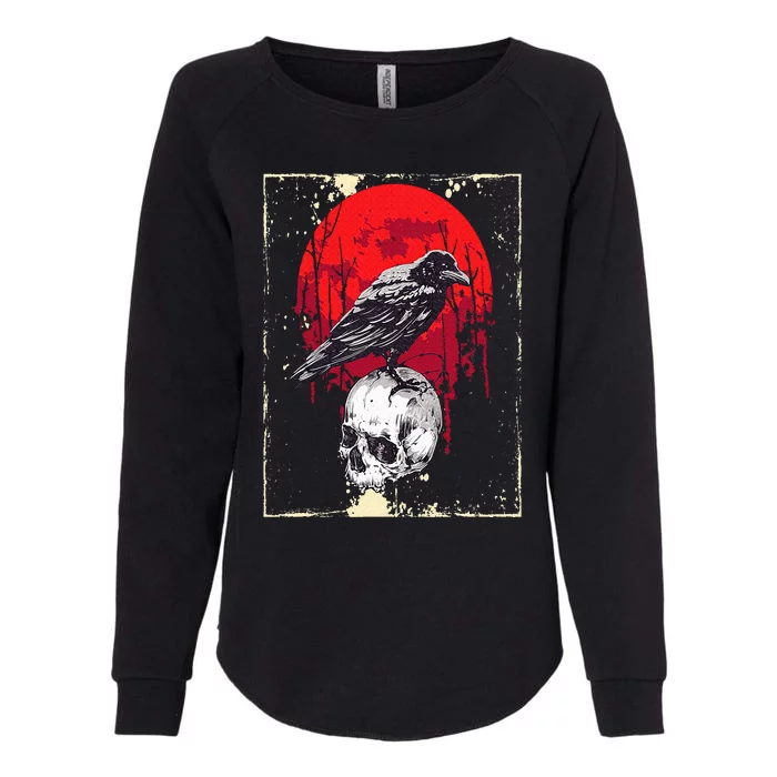 Gothic Raven Skull Red Moon Black Crow Womens California Wash Sweatshirt