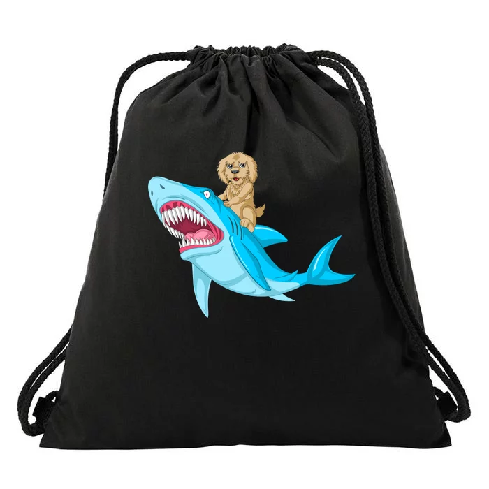 Goldendoodle Riding Shark Drawstring Bag