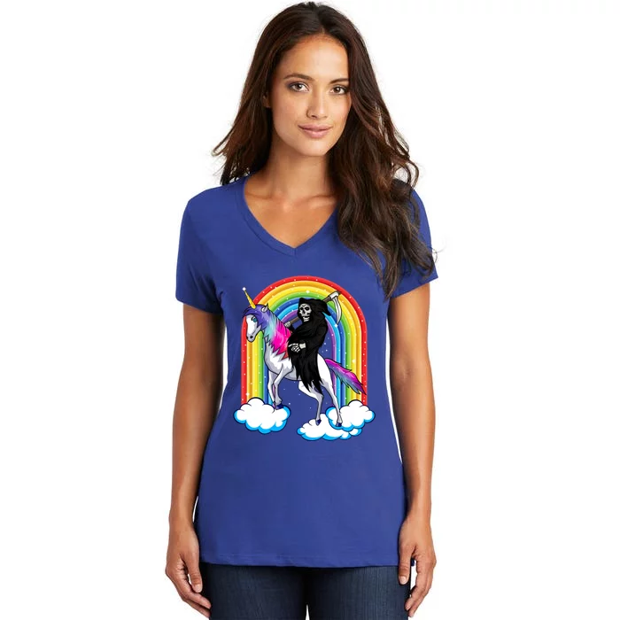 Grim Reaper Skull Riding An Unicorn Death Unicorn Halloween Gift Women's V-Neck T-Shirt