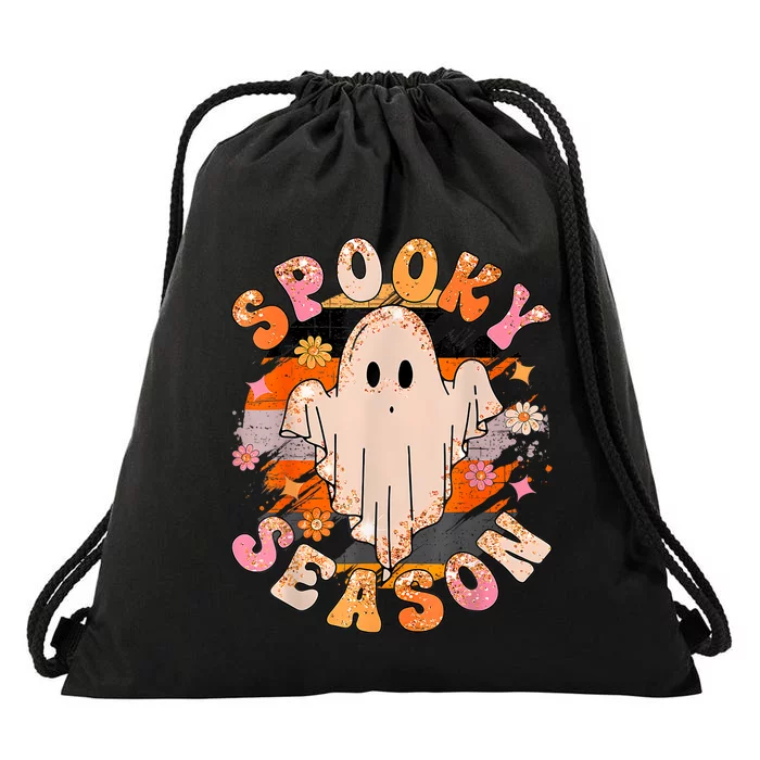 Groovy Retro Spooky Season Retro Ghost Halloween Drawstring Bag