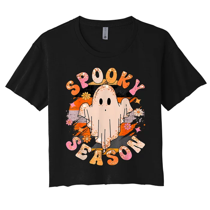 Groovy Retro Spooky Season Retro Ghost Halloween Women's Crop Top Tee