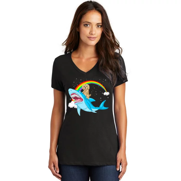 Goldendoodle Riding Shark Women's V-Neck T-Shirt