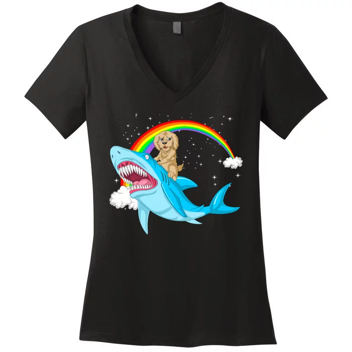 Goldendoodle Riding Shark Women's V-Neck T-Shirt