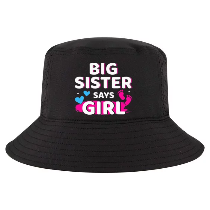 Gender reveal sister says matching baby party Cool Comfort Performance Bucket Hat