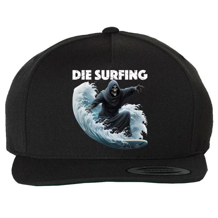 Grim Reaper Surfing Die Surfing (White Lettering) Wool Snapback Cap