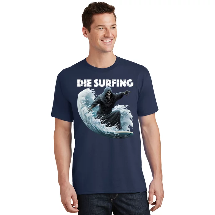 Grim Reaper Surfing Die Surfing (White Lettering) T-Shirt