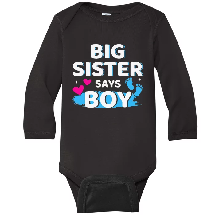 Gender reveal sister says matching family baby party Baby Long Sleeve Bodysuit