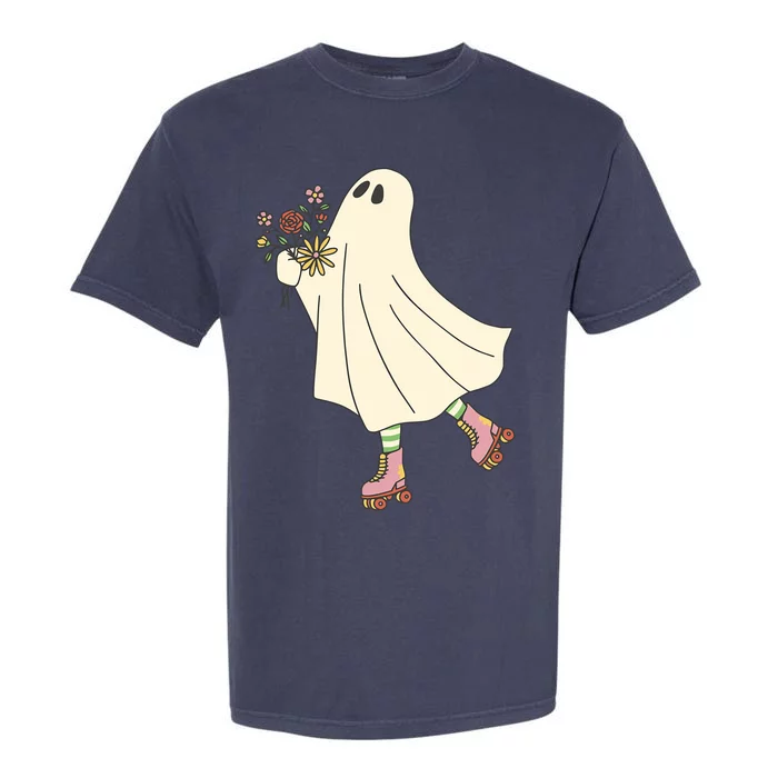 Ghost Roller Skate Halloween Retro Gift Garment-Dyed Heavyweight T-Shirt