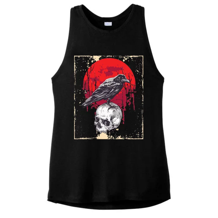 Gothic Raven Skull Red Moon Black Crow Ladies Tri-Blend Wicking Tank