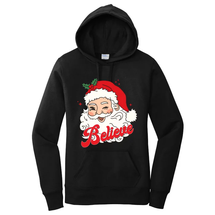 Groovy Retro Santa Claus Believe Christmas Women's Pullover Hoodie