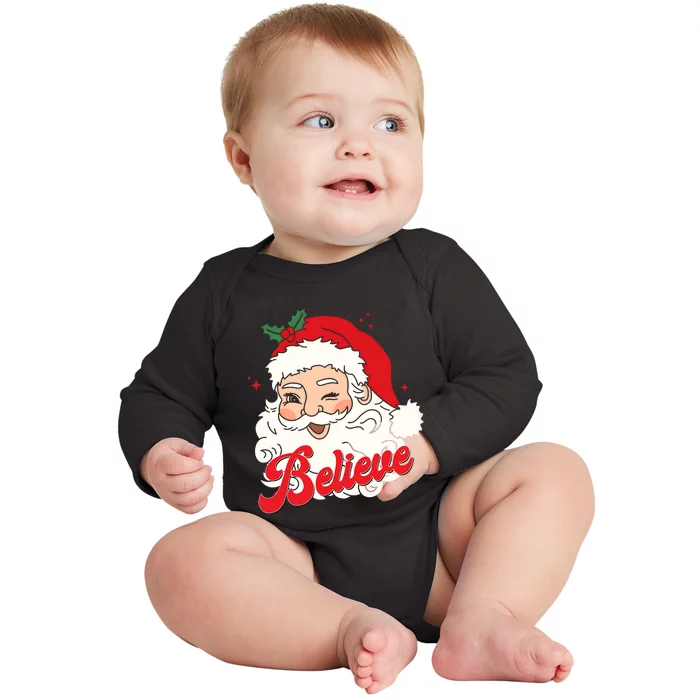 Groovy Retro Santa Claus Believe Christmas Baby Long Sleeve Bodysuit