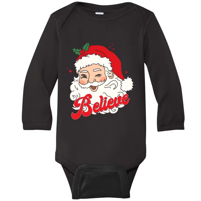 Groovy Retro Santa Claus Believe Christmas Baby Long Sleeve Bodysuit