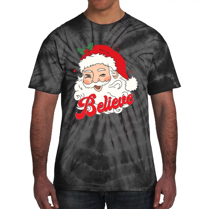 Groovy Retro Santa Claus Believe Christmas Tie-Dye T-Shirt