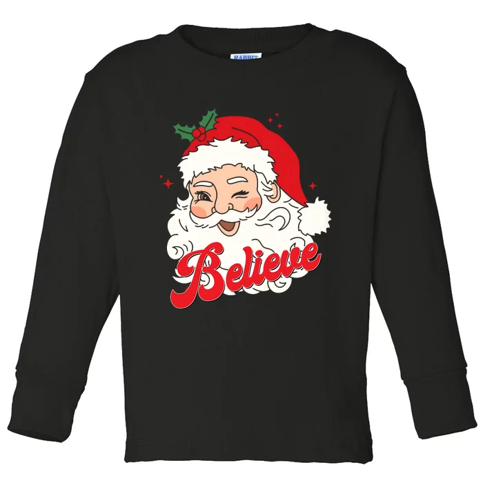 Groovy Retro Santa Claus Believe Christmas Toddler Long Sleeve Shirt