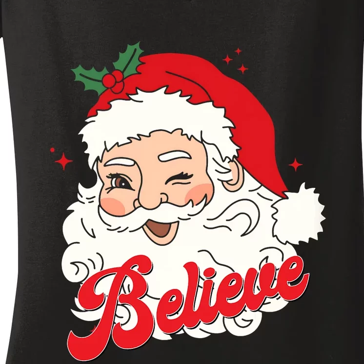 Groovy Retro Santa Claus Believe Christmas Women's V-Neck T-Shirt