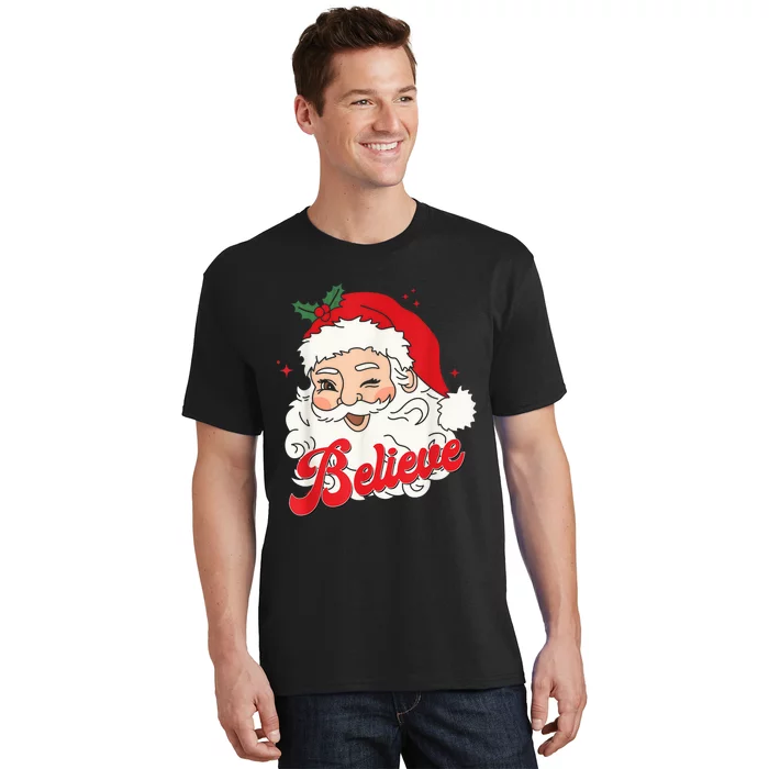 Groovy Retro Santa Claus Believe Christmas Wo Kid T-Shirt