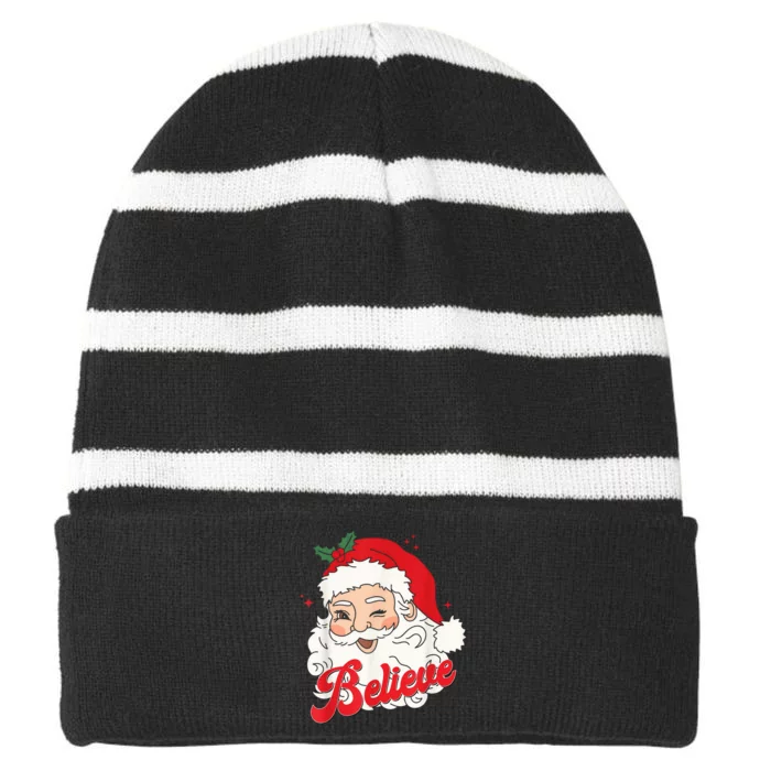 Groovy Retro Santa Claus Believe Christmas Wo Kid Striped Beanie with Solid Band