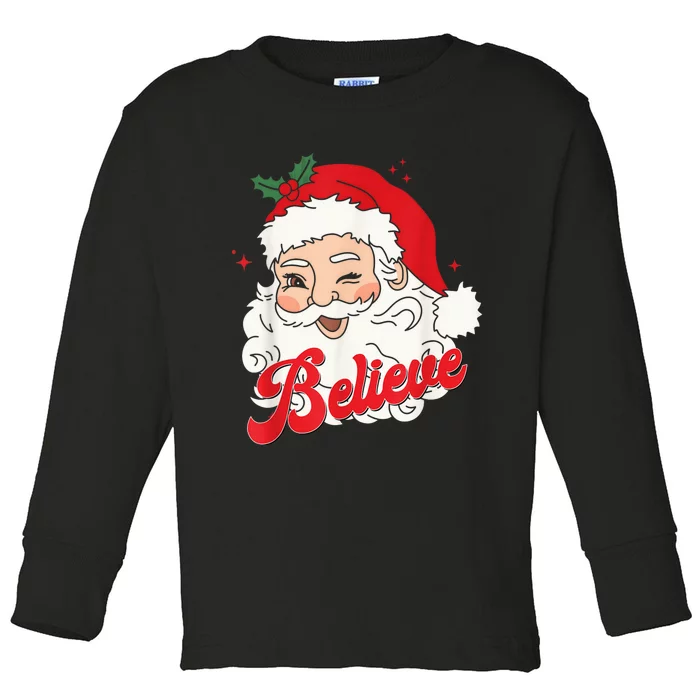 Groovy Retro Santa Claus Believe Christmas Wo Kid Toddler Long Sleeve Shirt