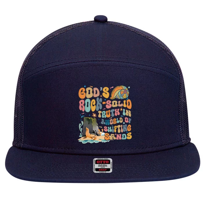 GodS Rock Solid Breaker Rock Beach Vbs 2024 Christian Gift 7 Panel Mesh Trucker Snapback Hat