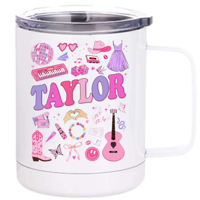 Girl Retro Taylor First Name Personalized Groovy 70S 80S Front & Back 12oz Stainless Steel Tumbler Cup