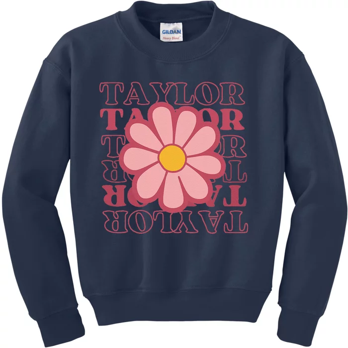 Girl Retro Taylor First Name Personalized Groovy Birthday Kids Sweatshirt