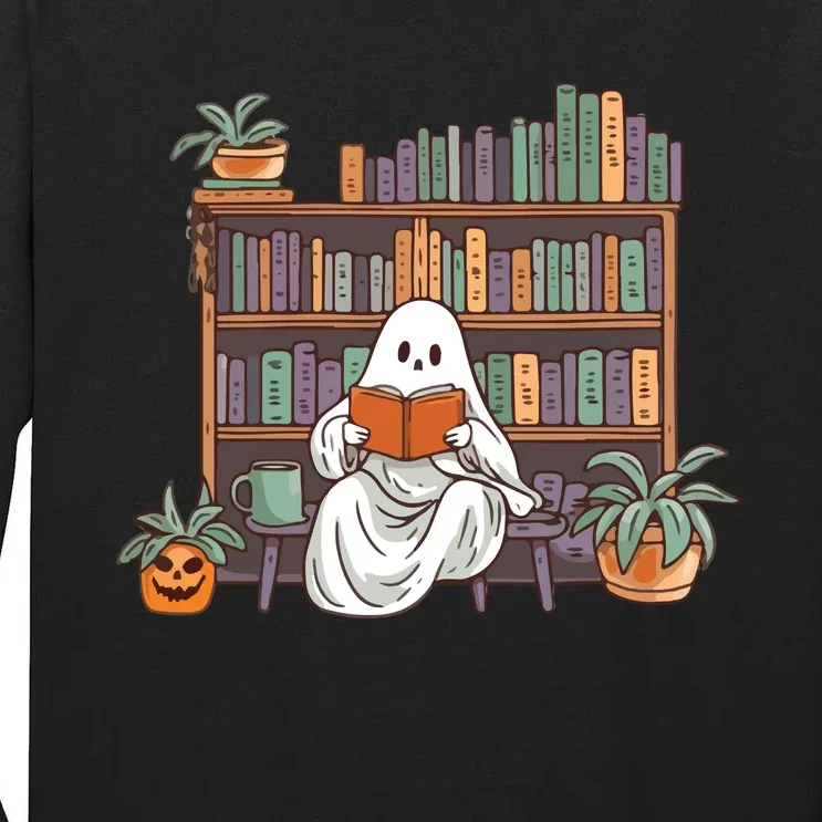 Ghost Reading Teacher Halloween Librarian Book Lover Reading Tall Long Sleeve T-Shirt