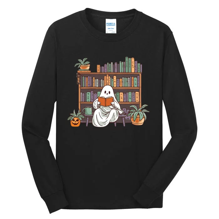 Ghost Reading Teacher Halloween Librarian Book Lover Reading Tall Long Sleeve T-Shirt