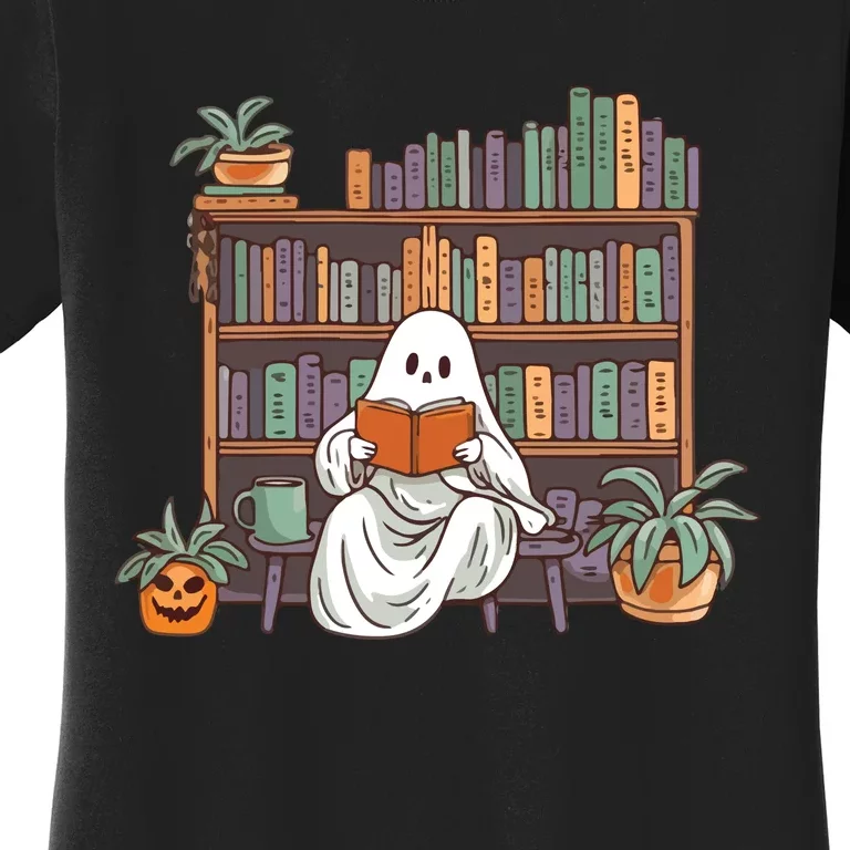 Ghost Reading Teacher Halloween Librarian Book Lover Reading Women's T-Shirt