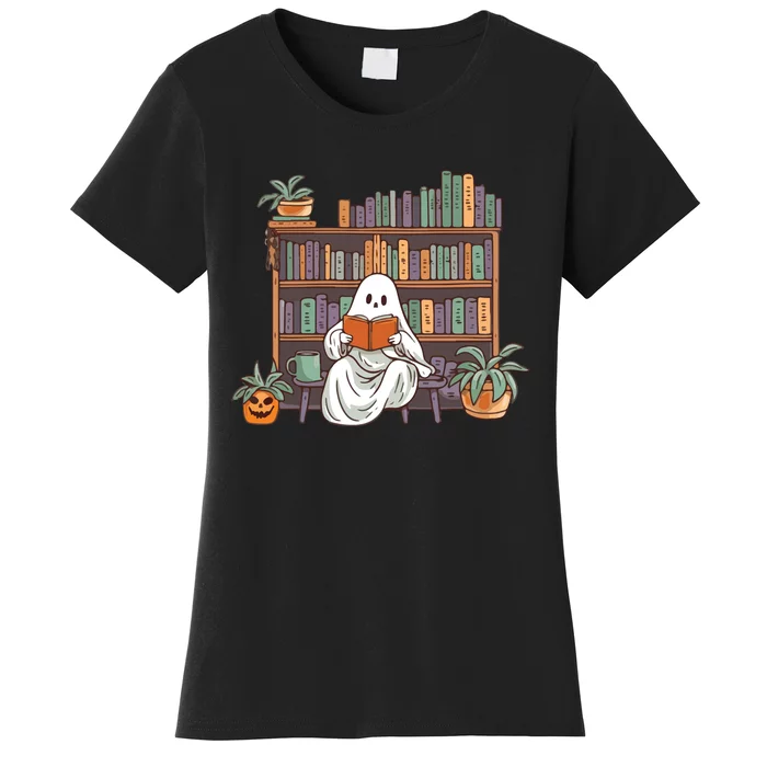 Ghost Reading Teacher Halloween Librarian Book Lover Reading Women's T-Shirt