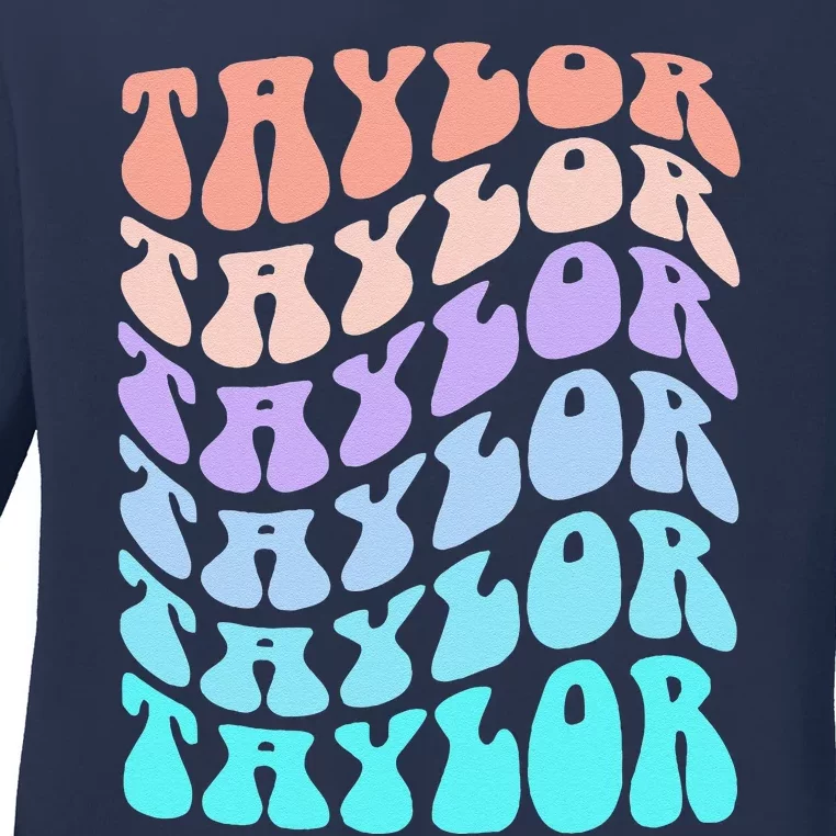 Girl Retro Taylor First Name Personalized Groovy Birthday Ladies Long Sleeve Shirt