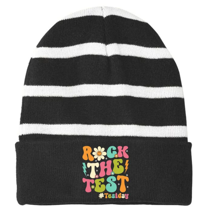 Groovy Rock The Test Motivational Retro Teachers Testing Day Striped Beanie with Solid Band