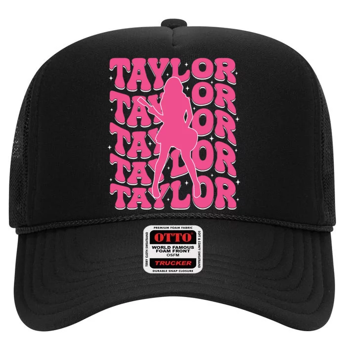 Girl Retro Taylor First Name Personalized Groovy 80s High Crown Mesh Trucker Hat